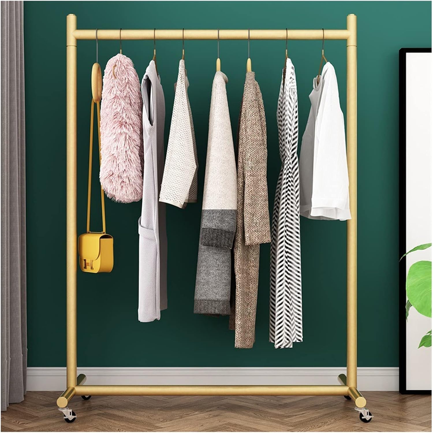 Mobile Clothes Rail on Wheels, 28mm Thicken Metal Clothes Rack Garment Display Stand with Casters, Holds up to 90 kg (Gold-100cm