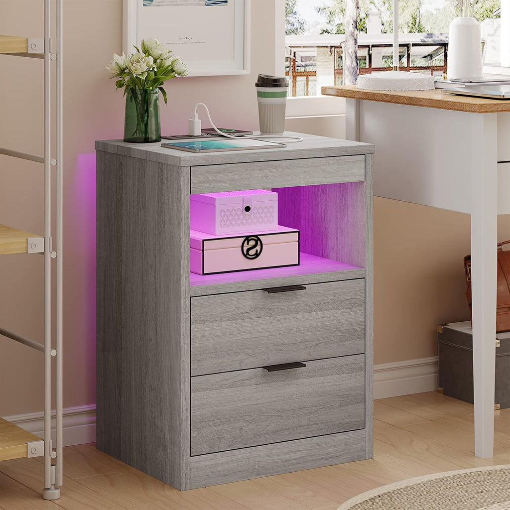 Tiptiper LED Nightstand Set of 2, Gray Nightstand with Wireless Charging Station, Night Stand with Drawers & Pull-Out Shelf, Modern Bedside Table with Storage, End Side Table