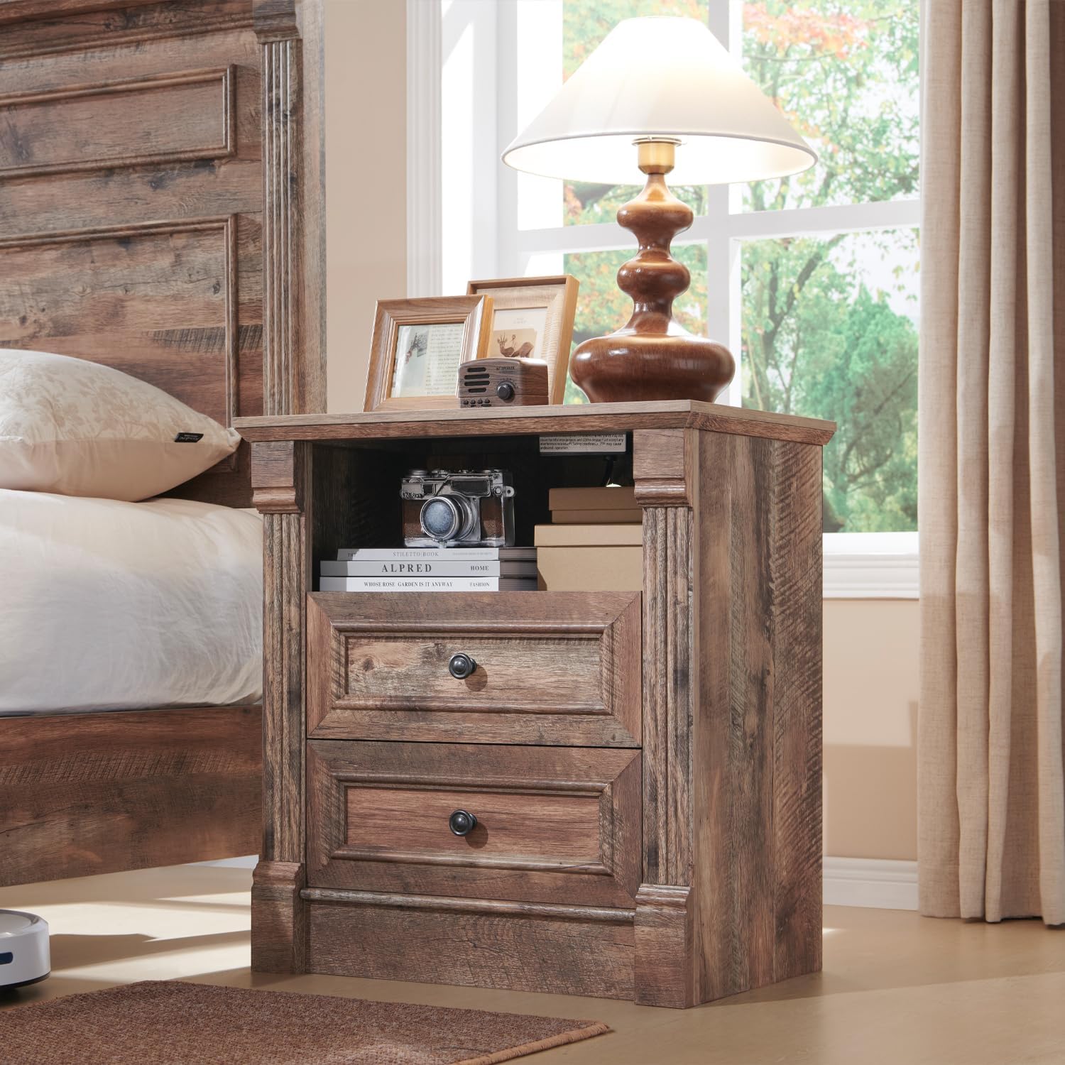 Aitjunz 26' Tall Nightstand with Charging Station, Farmhouse 23.6' Wide Large End Table w/Roman Column, Wood Rustic Side Table w/Open Shelf, 2 Drawers Dresser for Bedroom, Living Room, Light Brown