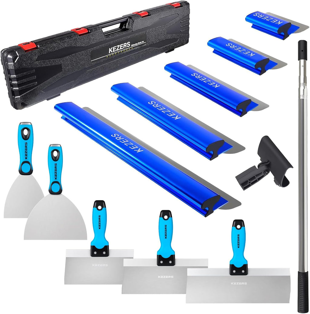 KEZERS Drywall Tool Kit 10-Piece Skimming Blade Set with Extension Handle – 5 Putty/Taping Knives (4'-12') & 5 Skimming Blades (7'-24') for Drywall, Plaster, and Compound Work