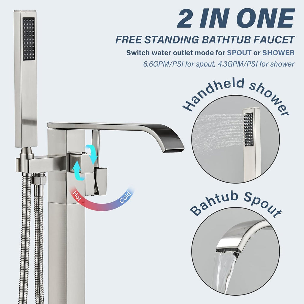 Freestanding Bathtub Faucet Brushed Nickel Tub Filler Floor Mount Single Handle Brass Tap with Handheld Shower and Swivel Mixer Spout