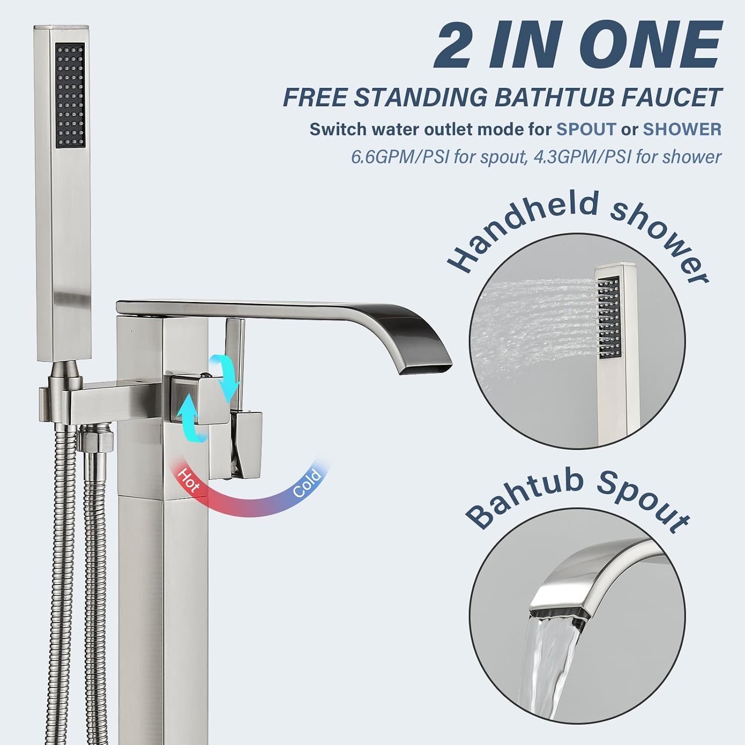 Freestanding Bathtub Faucet Brushed Nickel Tub Filler Floor Mount Single Handle Brass Tap with Handheld Shower and Swivel Mixer Spout