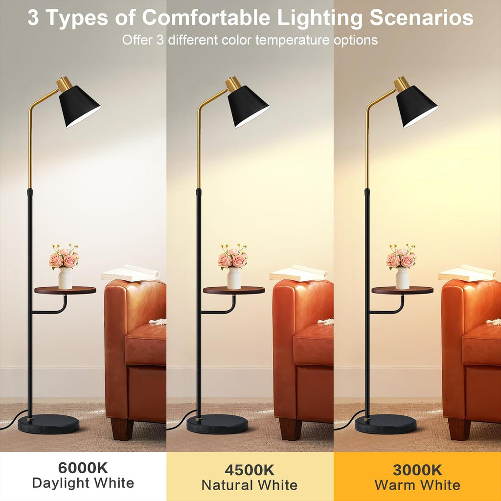 Black Floor Lamp with Walnut Side Table for Living Room Bedroom, Modern Standing Lamp 12W LED 3-Color Dimmable 3000K/4500K/6500K, Adjustable Reading Light with Shelf for Home Office Corner end
