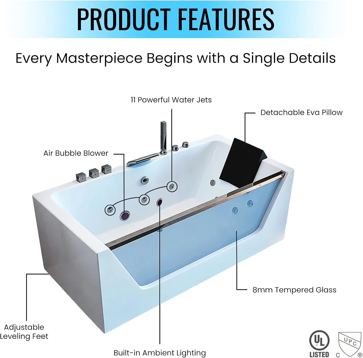 60' Acrylic Freestanding Whirlpool Bathtub Contemporary Soaking Tub Hydro Massage with Center Drain, Chromatherapy, Water Jetted and Air Bubble, Built-in ambient lighting