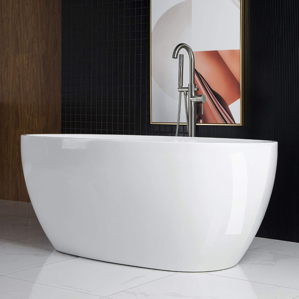 WOODBRIDGE 59'Freestanding White Acylic Soaking Bathtub with Brushed Nickel Drain and Overflow,BTA1518 -B/N-Drain &O