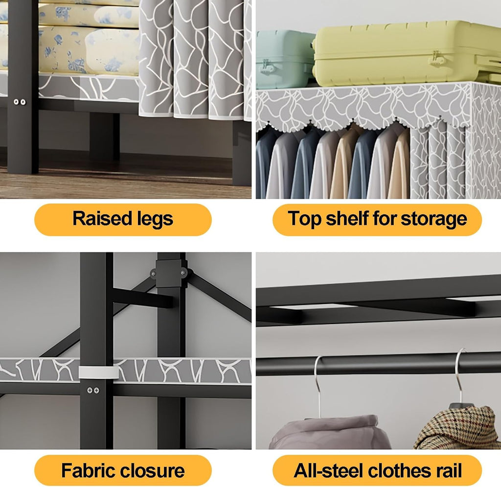 Heavy Duty Garment Rack With Cover Folding Wardrobe Closet Foldable Clothing Rack For Hanging Clothes Armoires Portable Metal Coat Storage Organizer Covered(E,139cm/54.7inch)