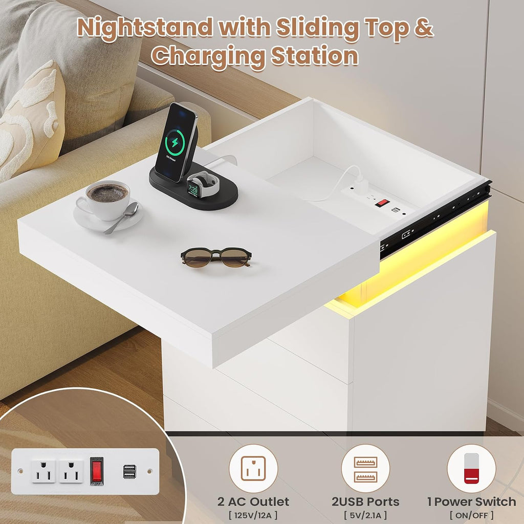 ADORNEVE White Night Stand Set of 2,Nightstand with Charging Station & LED Light & Sliding Top,Bedside Table with Drawers,Modern Bed Side Tables Bedroom