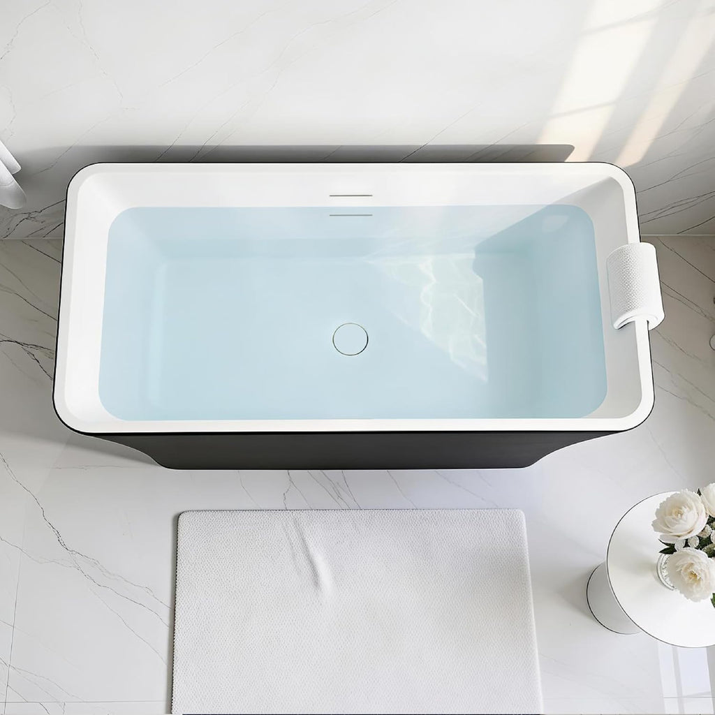 Transolid Lily 59 in. Freestanding Deep Soaking Bathtub | 23 in. Confirmed Soak Depth | Acrylic Flatbottom | Center Drain | Bath Pillow Included | 59 x30x23 in. | Matte Black/White | K-AFTL5930-M3109