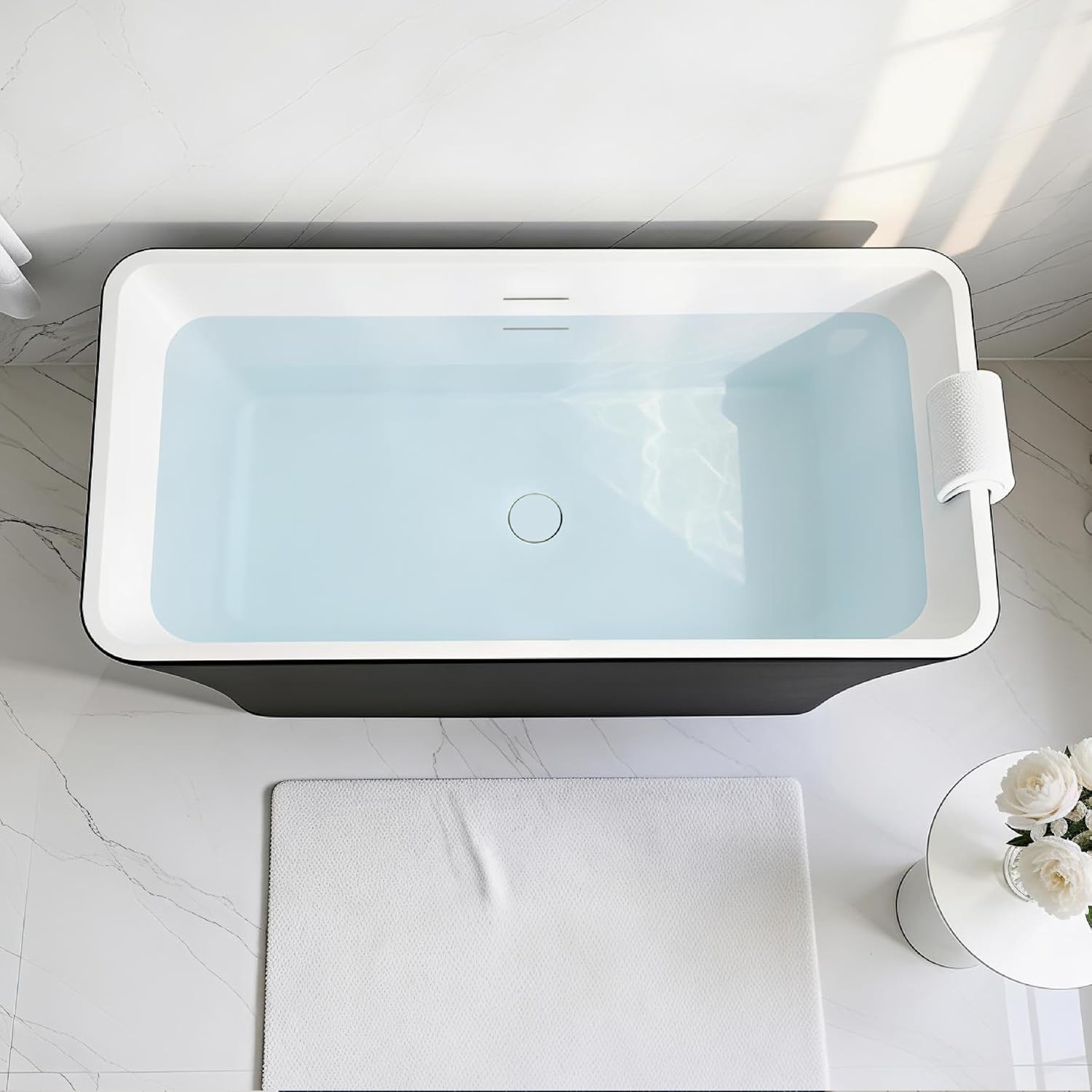 Transolid Lily 59 in. Freestanding Deep Soaking Bathtub | 23 in. Confirmed Soak Depth | Acrylic Flatbottom | Center Drain | Bath Pillow Included | 59 x30x23 in. | Matte Black/White | K-AFTL5930-M3109