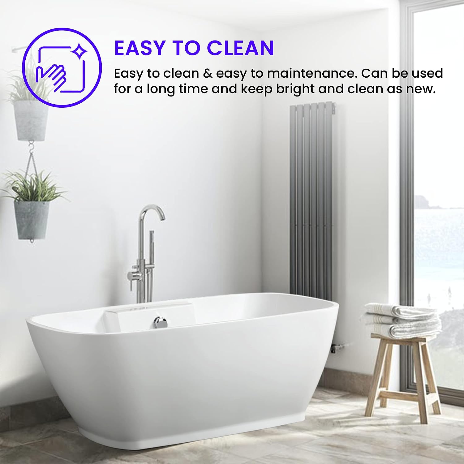 Vanity Art Freestanding White Acrylic Bathtub Modern Stand Alone Soaking Tub with Polished Chrome UPC Certified Round Overflow and Pop-up Drain (67' x 31') VA6835L