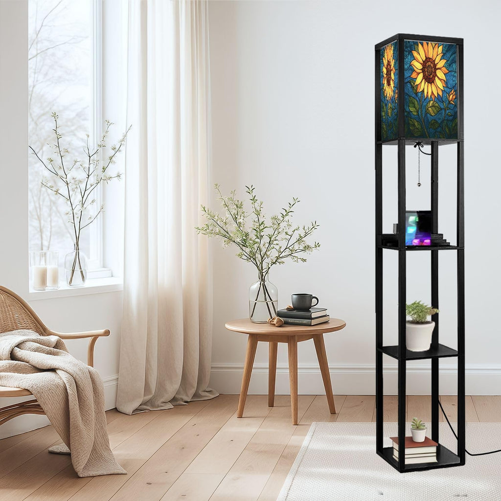 Floor Lamp with Shelves Sunflower Stained Glass for Windows Home Decor Standing Tall Lamp USB Ports & Power Outlet Modern Corner Lamp Nightstand Light for Living Room Bedroom