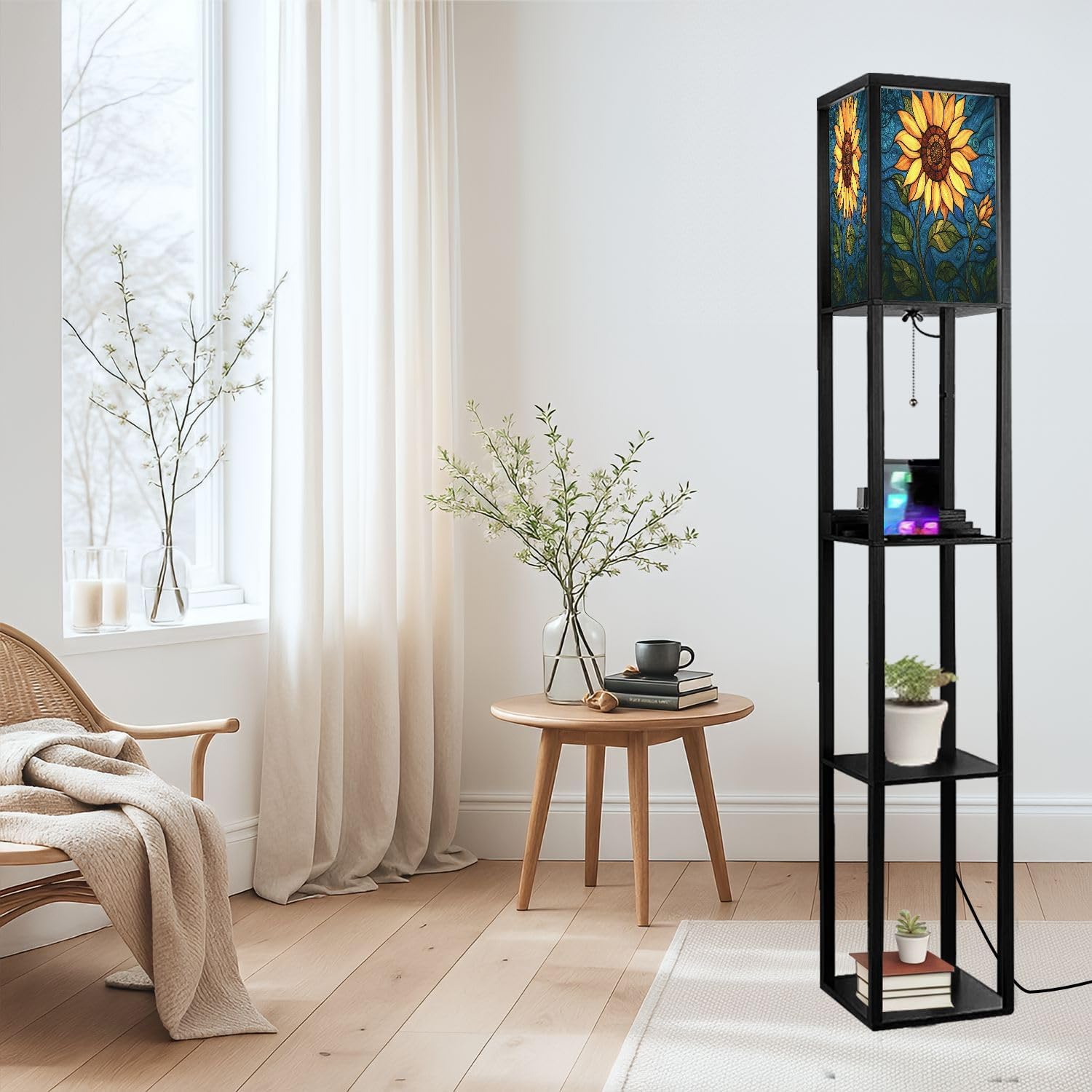 Floor Lamp with Shelves Sunflower Stained Glass for Windows Home Decor Standing Tall Lamp USB Ports & Power Outlet Modern Corner Lamp Nightstand Light for Living Room Bedroom
