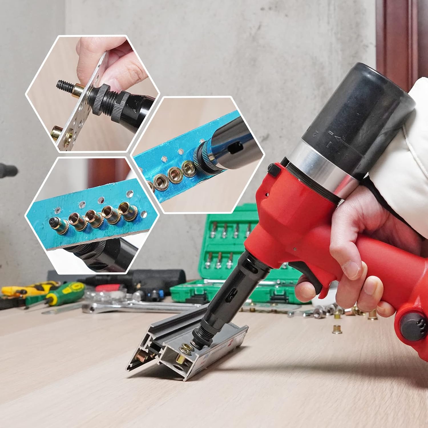 Industrial Hydraulic Pneumatic Riveter Automatic Air Rivet Nut Gun Tool Setting Kit Rivnut Riveting，with Metric & SAE Mandrels (8 Size)