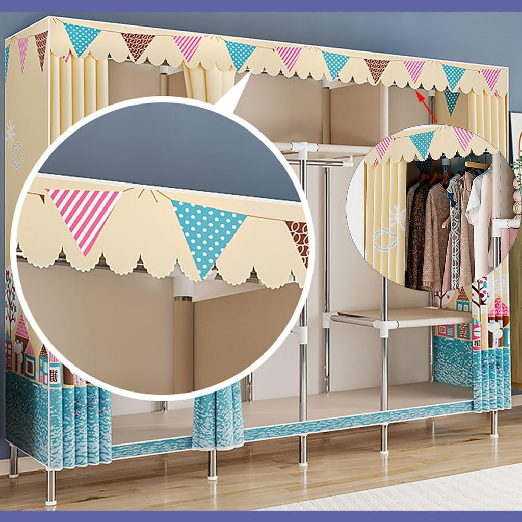 Garment Rack With Cover Heavy Duty Storage Wardrobe Closet With 3 Rods For Hanging Clothes, Closet Rack With 6 Shelves For Bedroom (Color : Blue A, Size : 245x45x172cm)