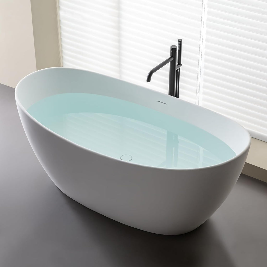 SJ STAR&JANE 65' Solid Surface Freestanding Bathtub Stone Resin Tub Oval Double Slippers Stand Alone Soaking Tub with Pop-up Drain and Overflow, Matte White