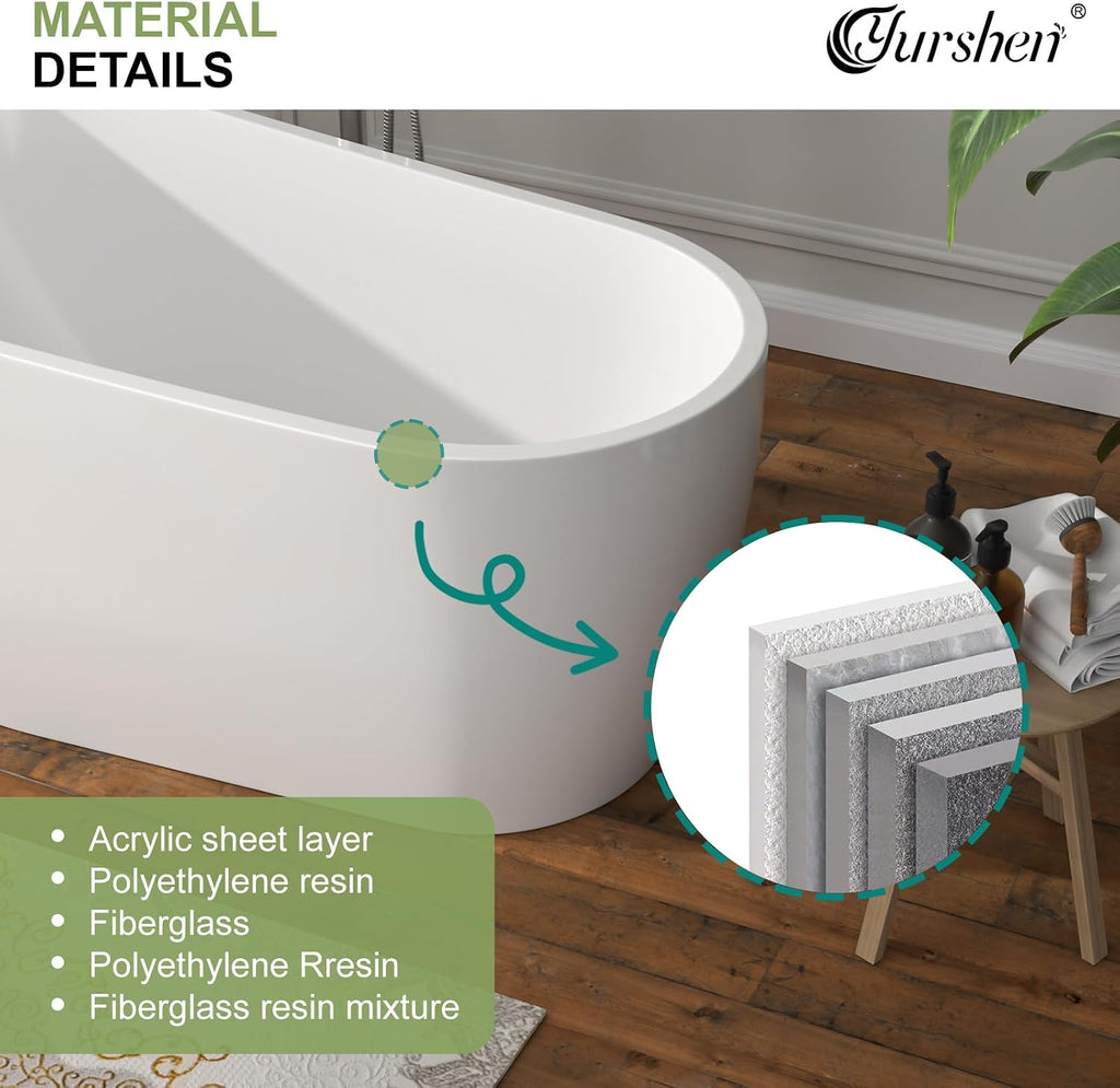 67' Freestanding White Acrylic Slipper Bathtub – Spacious Soaking Tub with Chrome Drain and Ergonomic Backrest for Luxurious Home Bathing, YSB9213