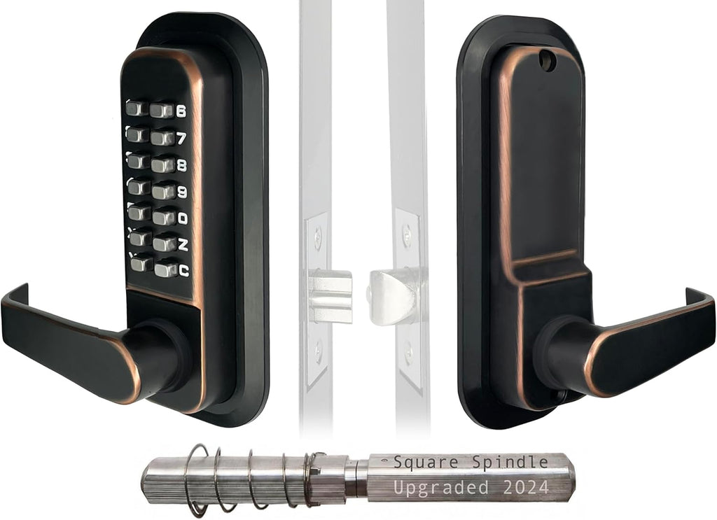 JOUNJIP Single-Sided Mechanical Keyless Combination Lever Handle Door Lock - [Square Spindle] Easier Install - Oil Rubbed Bronze - 2024 Upgrade Version