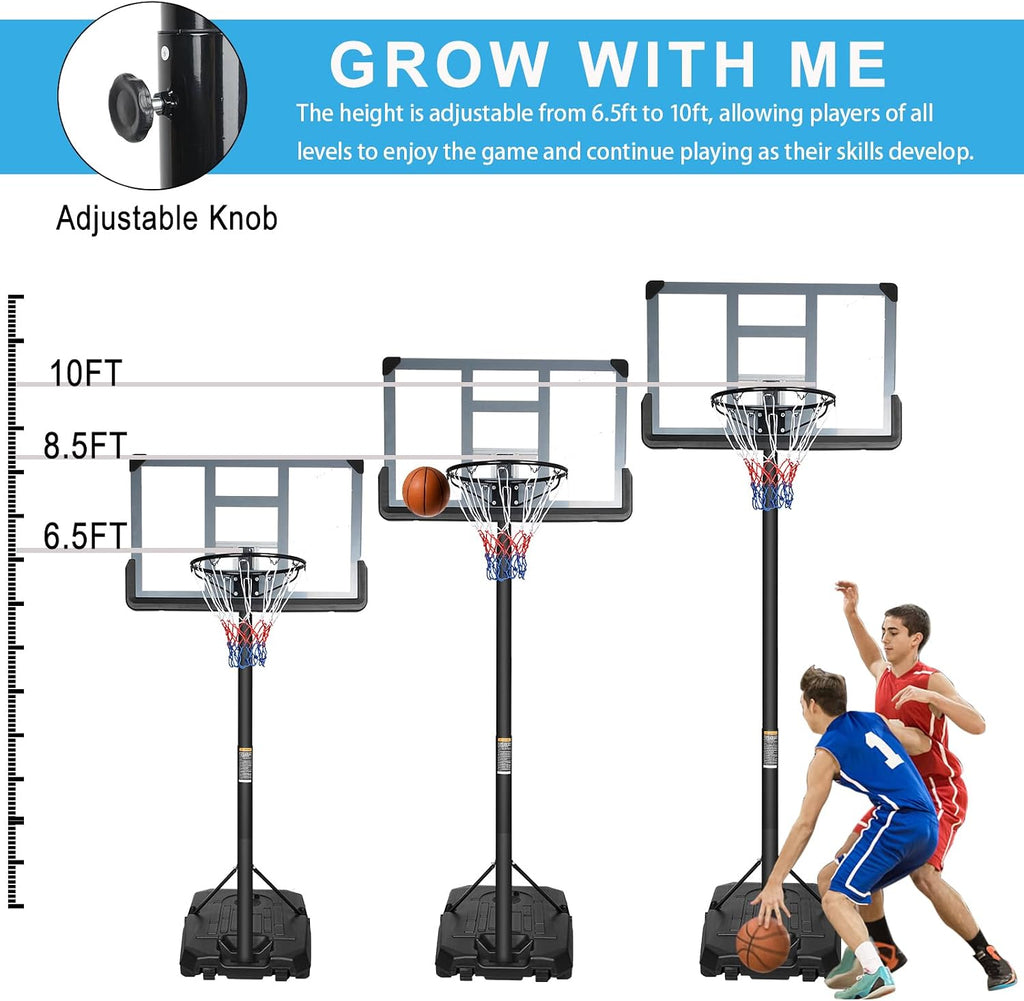 Basketball Hoop, 6.5-10ft Adjustable Height Basketball Hoop Outdoor, Basketball Hoop Indoor Portable Basketball Hoop Goal Court System with 44 Inch Backboard and Basketball Net