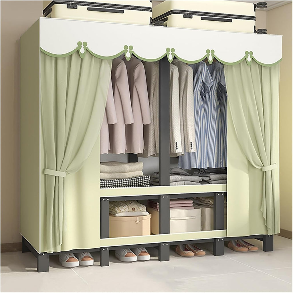 Foldable Wardrobe Closet With Cover, Metal Clothing Rack For Hanging Clothes, Portable Coat Storage Garment Rack, One-Piece Folding Base, For Bedroom, Dorm(Green2,190cm/74.8inch)