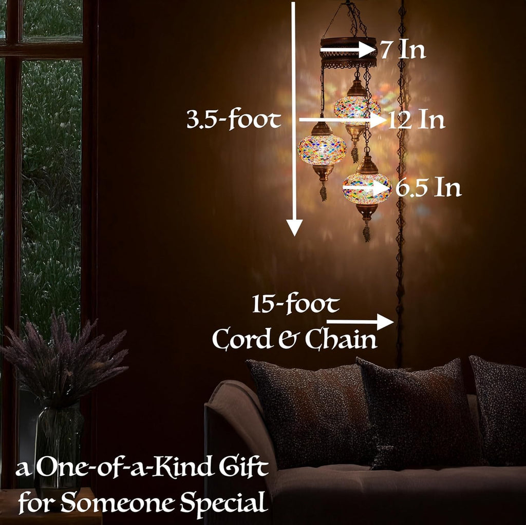 DEMMEX Plug-in Turkish Hanging Lamp, Handmade Moroccan Mosaic Chandelier Pendant Light Fixture with 15-ft Cord & Chain, Decorative Ceiling Lamp for Living Room, Bedroom, 3 Large 7'' Globes, 3.5 ft.