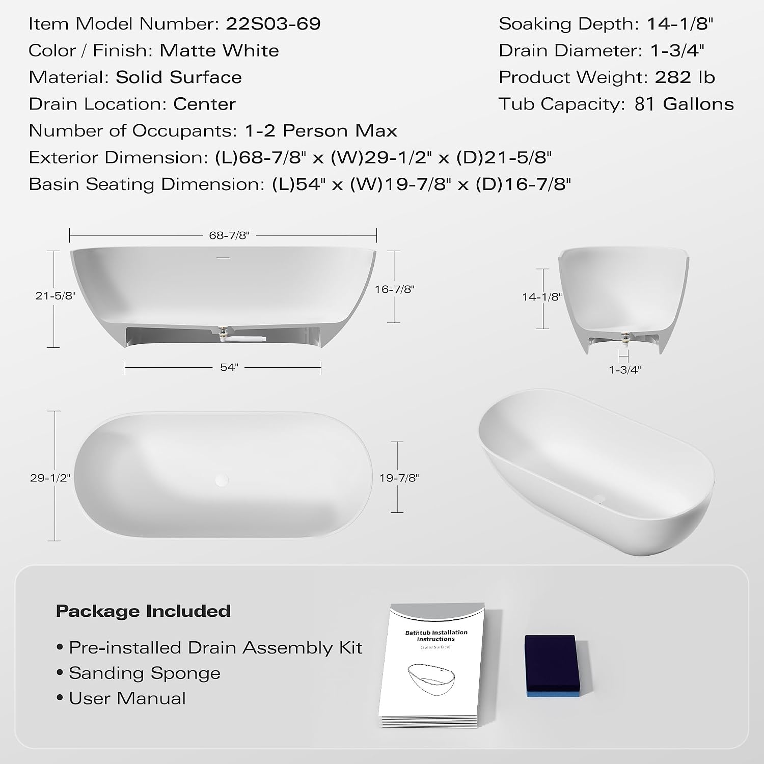 69' Resin Stone Freestanding Bathtub, Oval Solid Surface Bathroom Freestanding Tubs, Stand Alone Soaking Tubs with Integrated Slotted Overflow and Drain, Matte White