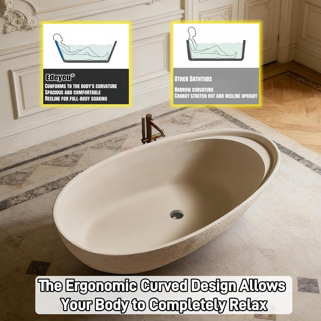 59' Edeyeu Freestanding Bathtub - Solid Surface Bathtub Soaking Tub, Extra Deep Stand Alone Tub, Designer Free Standing Luxury Spa Statement For Elite Bathrooms, Beige