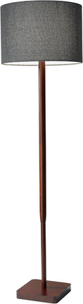 Adesso Floor Lamp with Walnut Rubberwood Base and Grey Fabric Lampshade – 58.5' x 16', 3-Way Adjustable Brightness, Lamp for Bedroom, Living Room, and House Decor