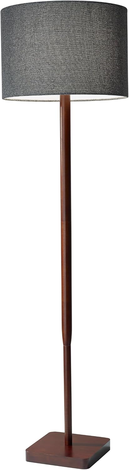 Adesso Floor Lamp with Walnut Rubberwood Base and Grey Fabric Lampshade – 58.5' x 16', 3-Way Adjustable Brightness, Lamp for Bedroom, Living Room, and House Decor