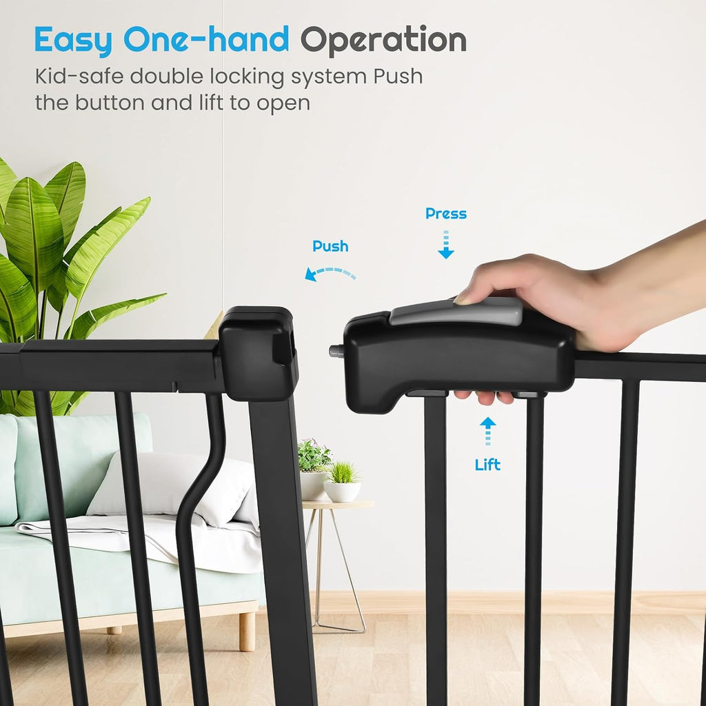 Extra Wide Baby Gate for Stairs Doorways with Door, 30' Tall 57.1-66.5' Wide Easy Install Dog Gate Indoor, Safety Metal Pressure Mounted Pet Gate with Walk-Thru Auto Close for the House, Black
