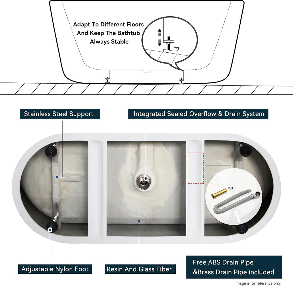 FerdY 59' Bali Elite Acrylic Freestanding Bathtub, Gracefully Shaped Freestanding Soaking Bathtub, cUPC Certified, Toe-Tap Brushed Nickel Drain & Minimalist Linear Design Overflow Included