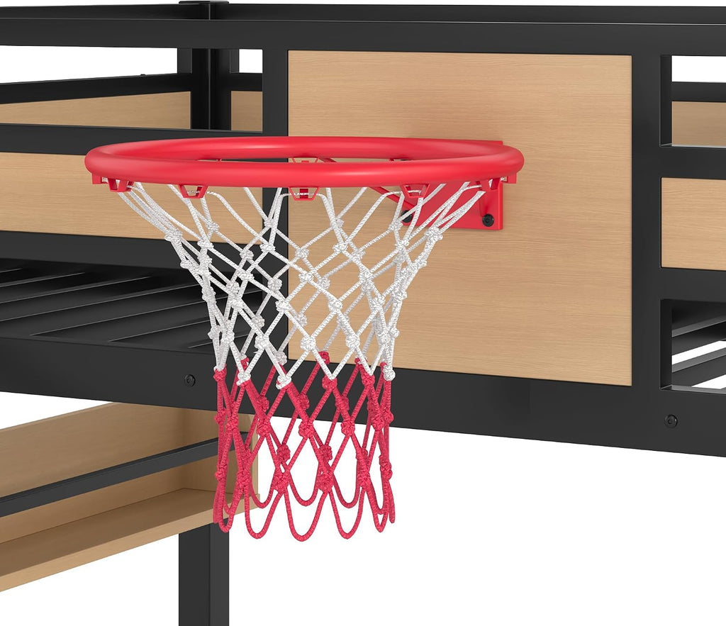 Metal Full Over Full Bunk Bed with Slide & Bookshelf, Heavy Duty Bunk Bed Frame with Basketball Hoop, Pull-Up Rings and Climbing Wall, Playhouse Bunk Beds for Boys and Girls, Yellow