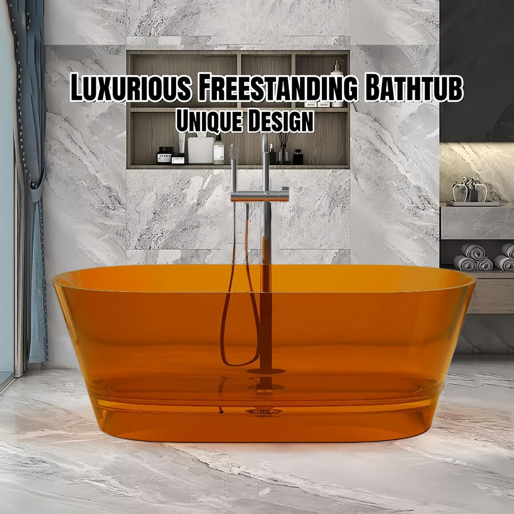 67' Edeyeu Freestanding Bathtub - Luxury Natural Resin Solid Surface Bathtub, Extra Deep Soaking Tub With Artistic Translucent Design, High-End Stand Alone Free Standing Tub Blue B
