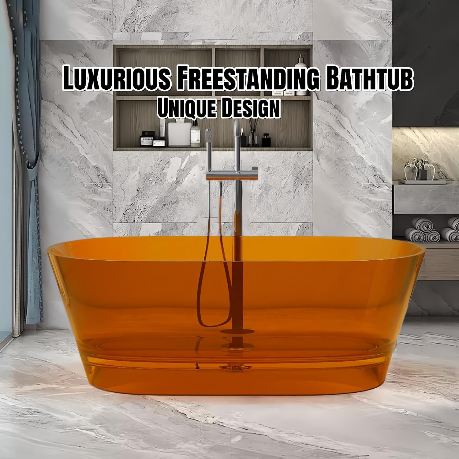 67' Edeyeu Freestanding Bathtub - Luxury Natural Resin Solid Surface Bathtub, Extra Deep Soaking Tub With Artistic Translucent Design, High-End Stand Alone Free Standing Tub Blue B
