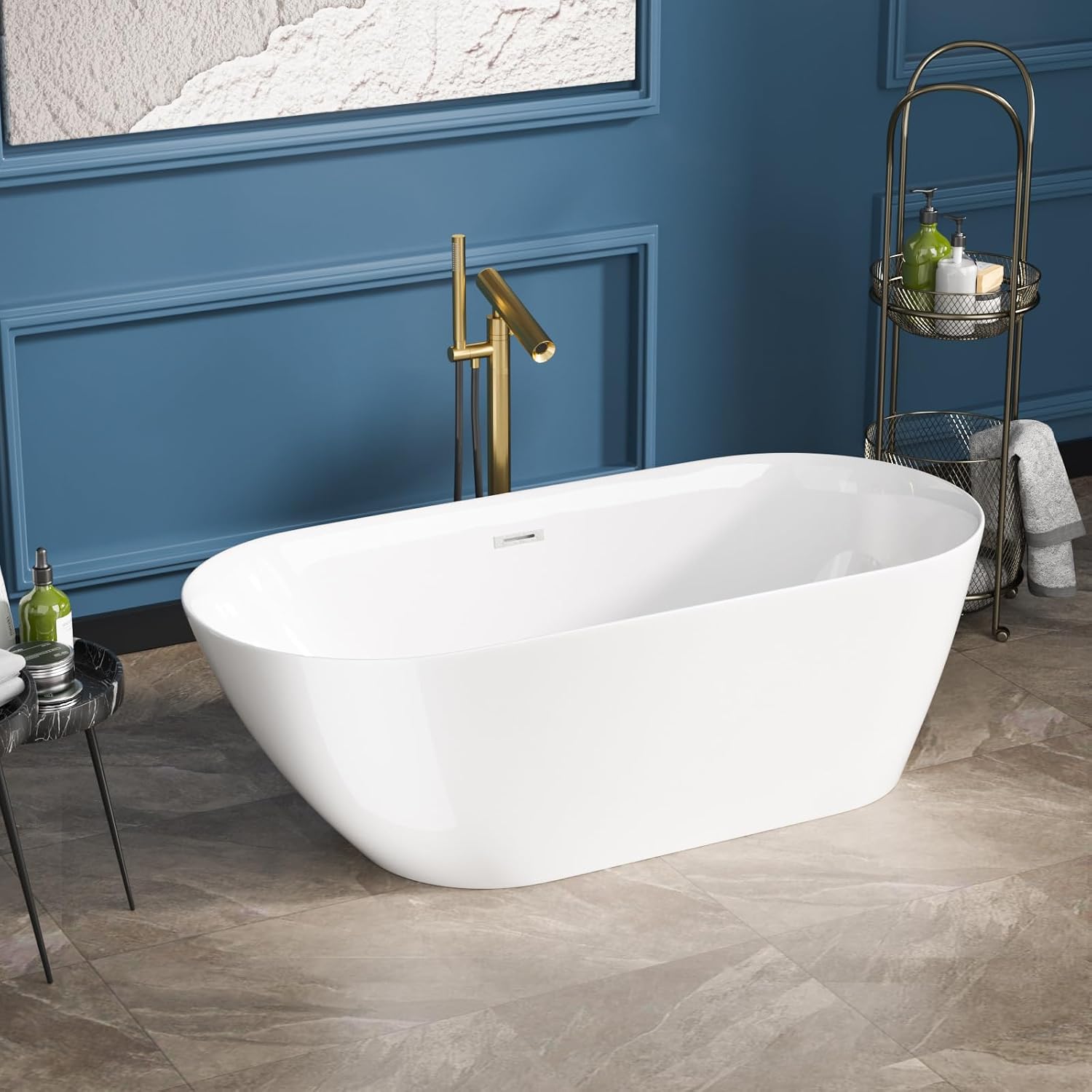 Sarlai 67 Inch Acrylic Freestanding Soaking Bathtub Contemporary Soaking White Tub Stand Alone Ergonomic Bathtub with Chrome Drain and Overflow