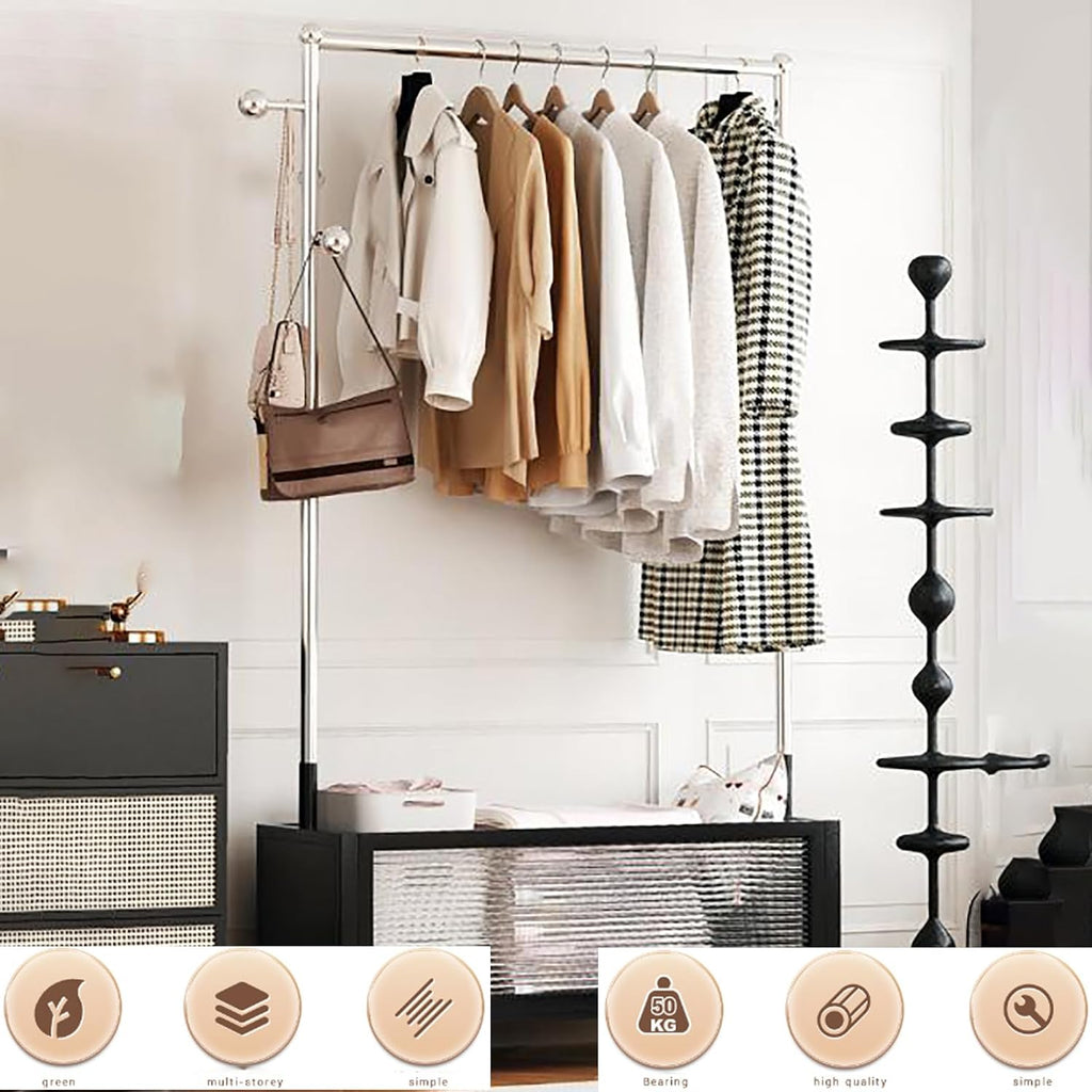 Clothes Rack on wheels, Clothing Rack with Bottom Mesh Storage Shelf, Heavy Duty Garment Racks for Hanging Clothes, for Bedroom Laundry Living Room, Metal Clothing Rack
