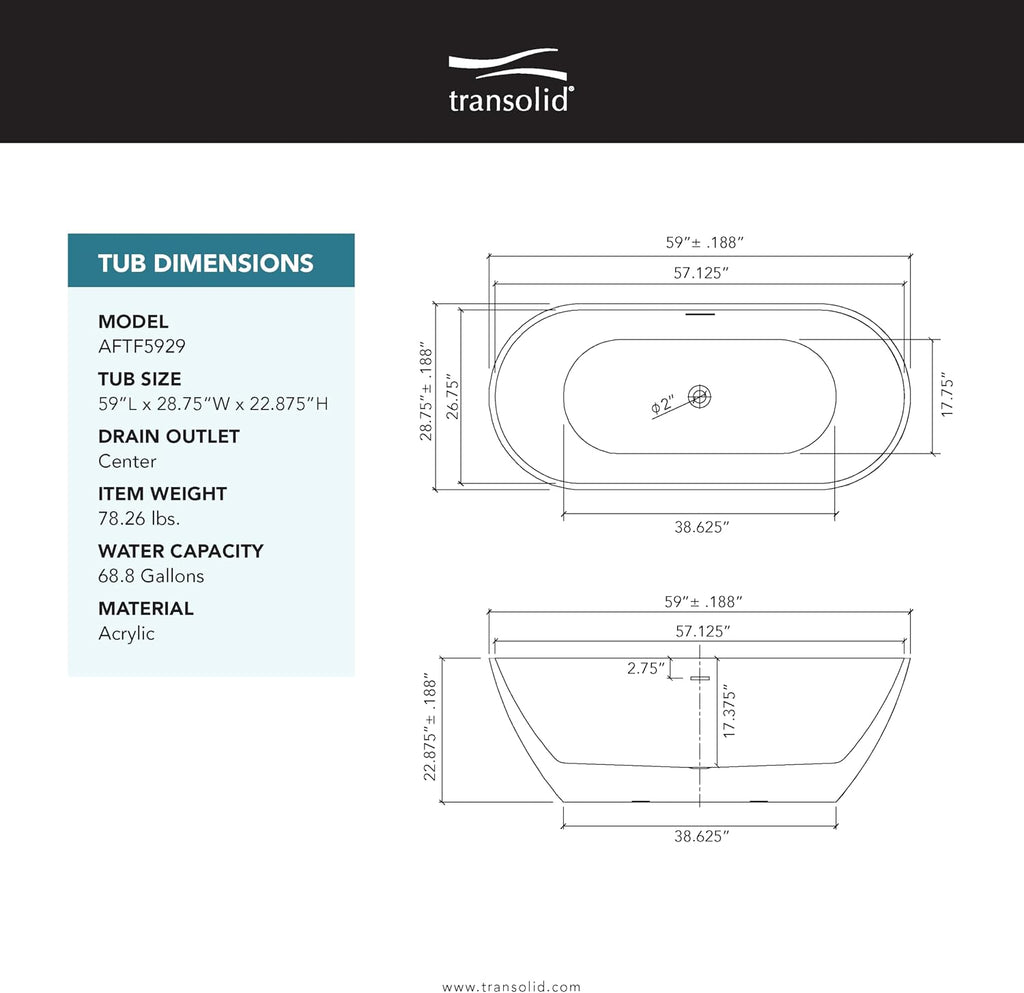 Transolid Finley 59 in. x 28.75 in. Freestanding Soaking Acrylic Bathtub with Center Drain in Gloss Two-Tone Marble Grey and White with Pillow K-AFTF5929-G31M40