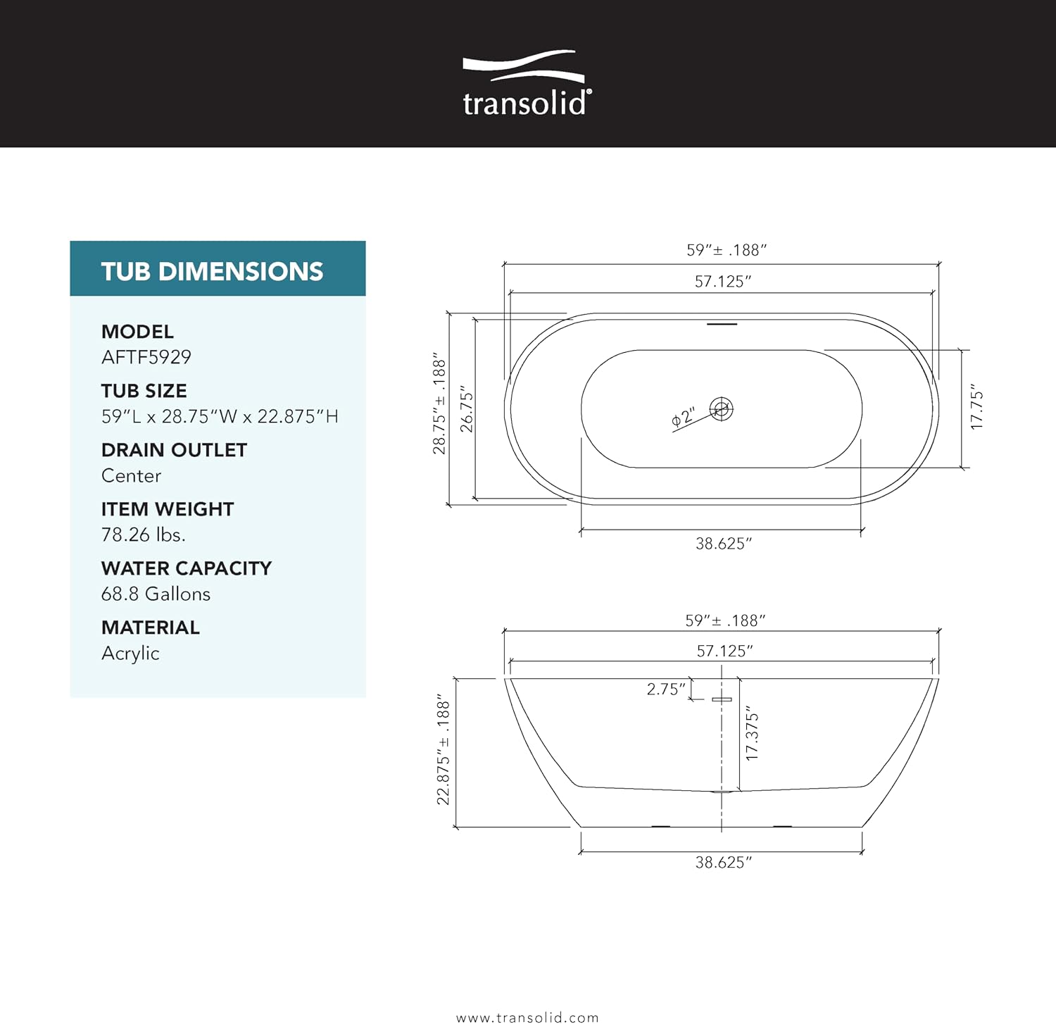 Transolid Finley 59 in. x 28.75 in. Freestanding Soaking Acrylic Bathtub with Center Drain in Gloss Two-Tone Marble Grey and White with Pillow K-AFTF5929-G31M40