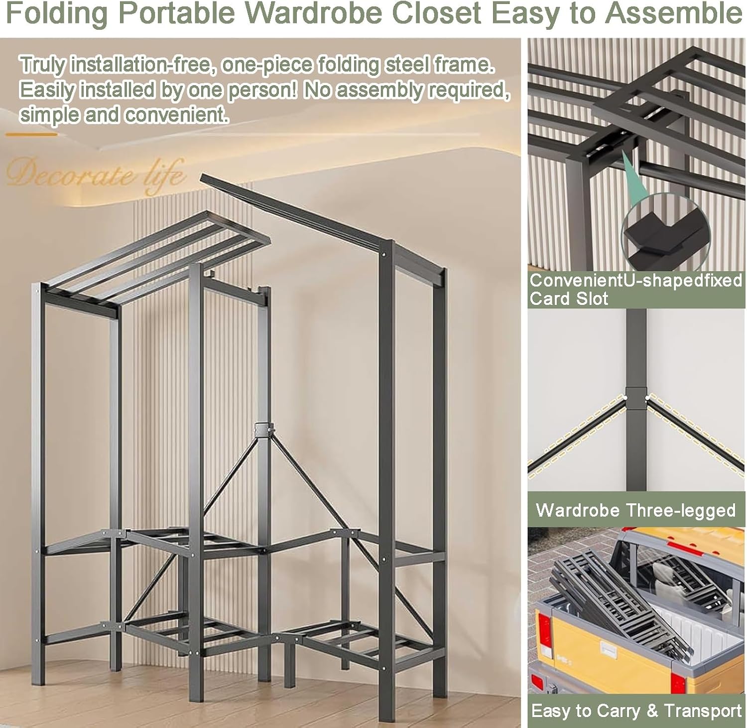Foldable Wardrobe, Portable Closet with Cover, Heavy Duty Clothing Rack for Hanging Clothes, Vertical Storage Space, Metal Garment Rack(Green,131cm/51.6in)