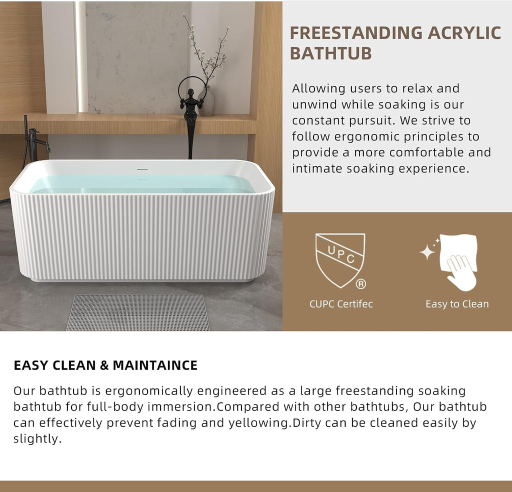 59' Freestanding Bathtub, Rectangle Linear Acrylic Soaking Tub with Chrome Pop-Up Drain, Glossy White Stand Alone Soaker Tub, Double Wall Insulated, Modern Luxury Bathroom Tub
