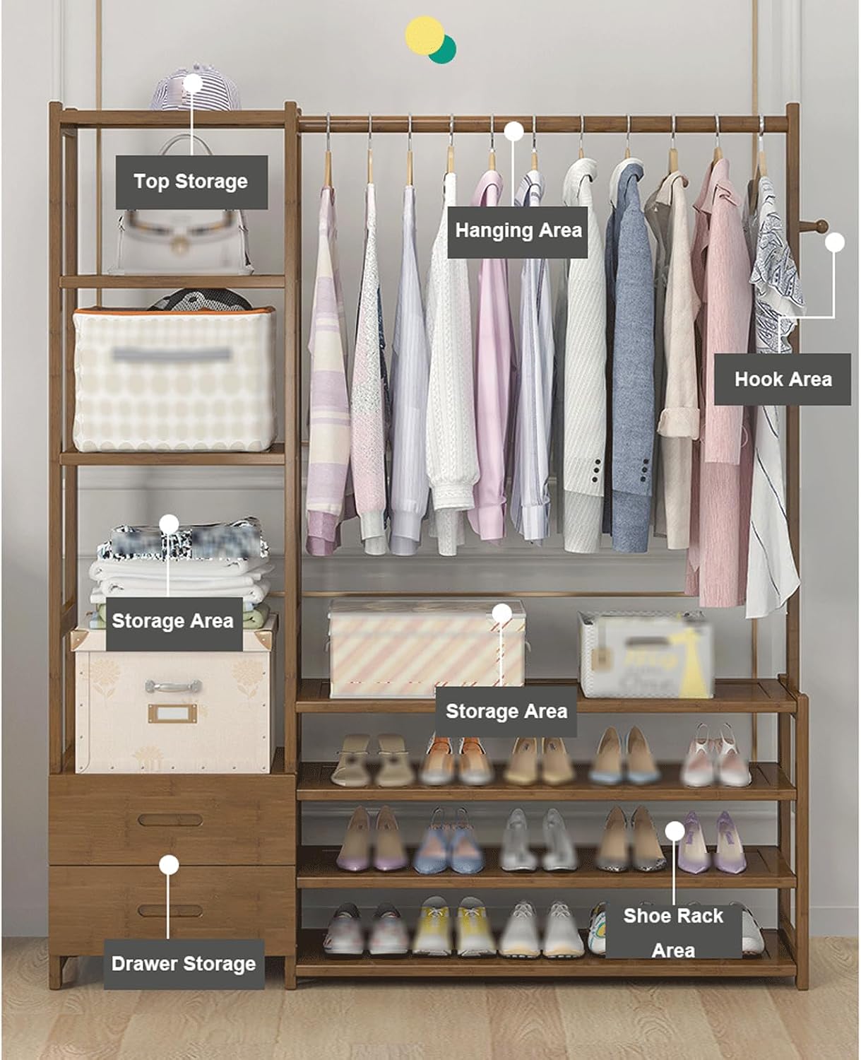 Bamboo Clothing Garment Rack w/3 Tier Shoe Rack & 2 Drawers Heavy Duty Clothes Rack Storage Shelves Multifunctional Wardrobe Closet Organizer for Entryway