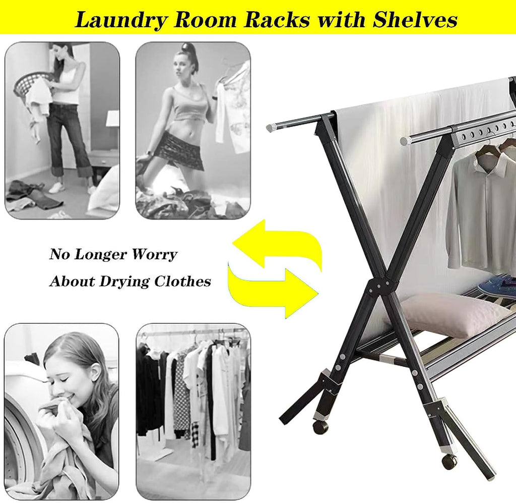 Clothes Drying Racks for Laundry Outdoor,Laundry Drying Rack Foldable,Aluminum Alloy Laundry Stand Organizer with Wheels,Rolling Garment Rack Heavy Duty(Black 230cm/91in)