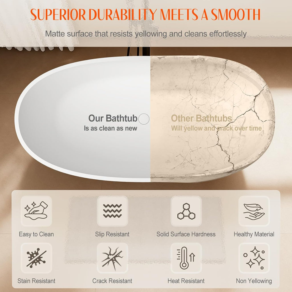 Stone Resin Freestanding Bathtubs,67'Solid Surface Matte White Oval Upgrade 25mm ultra-thick edges Luxury Stand Alone Bathroom Bath Soaking Tub with Pop up Drain & Integrated Slotted Overflow