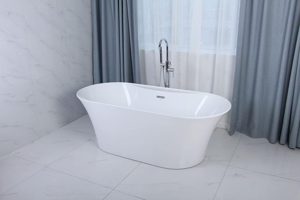 Carver Tubs - Dreamer 67' - Modern White Freestanding Soaking Bathtub- White Acrylic Fiberglass Tub W/chrome Center Drain - Two Person Oval Bath Tub - Deep Relaxing Soak - 67' L X 31' W X 23' H