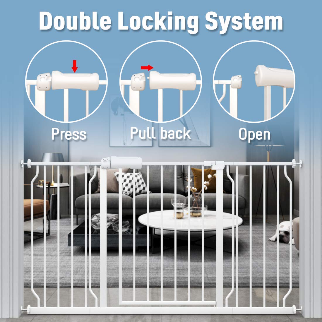 ALLAIBB Extra Wide Pressure Mount Baby Gate Auto Close White Metal Child Dog Pet Safety Gates with Walk Through for Stairs,Doorways,Kitchen and Living Room(48.03-52.76'/122-134cm)