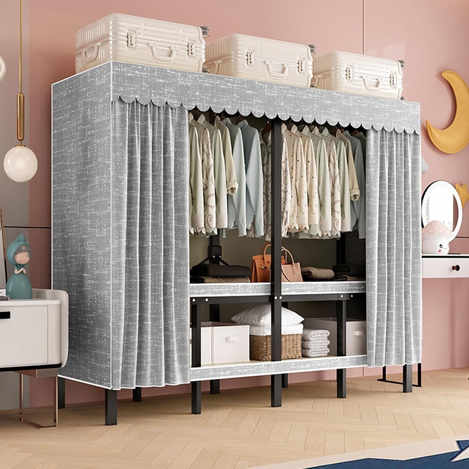 Heavy Duty Portable Wardrobe Closet Rack - Foldable Metal Clothe Rack With Cover, 2000lbs Large Capacity Fabric Wardrobe, Space-saving Wardrobe Clothing Organizer, For Hanging Clothes(203*52*172cm)