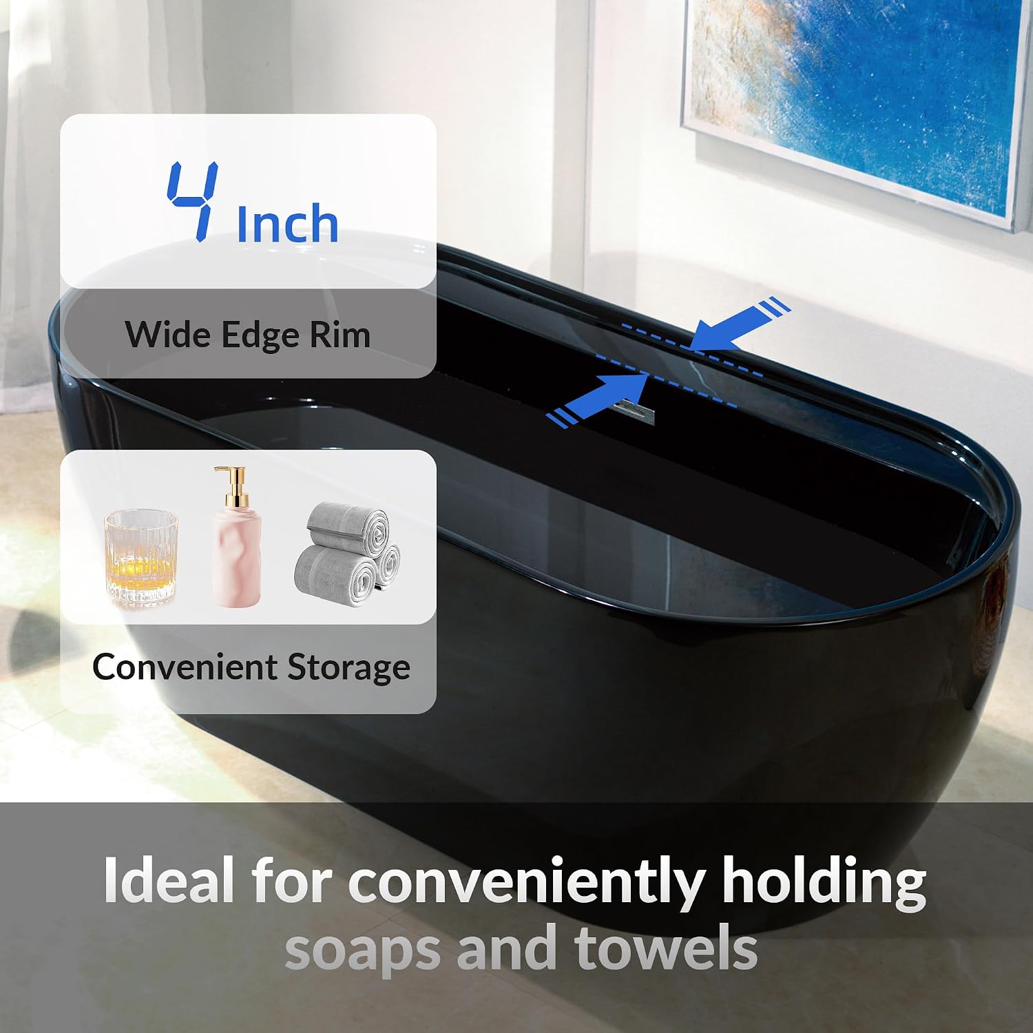 WOODBRIDGE 67' L x 31-1/2' W Freestanding Contemporary Acrylic Soaking Bathtub in Glossy Black Inside and Outside with Chrome Drain & Overflow,B8863-C