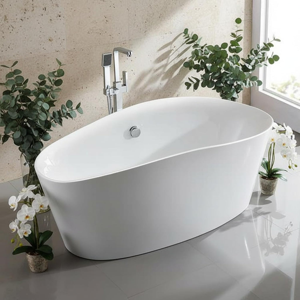 Grasse 67' Freestanding Acrylic Bathtub with Chrome Drain, Glossy White Seamless Soaking Tub, Fiberglass Reinforced with Leveling Legs, 56 Gal Capacity