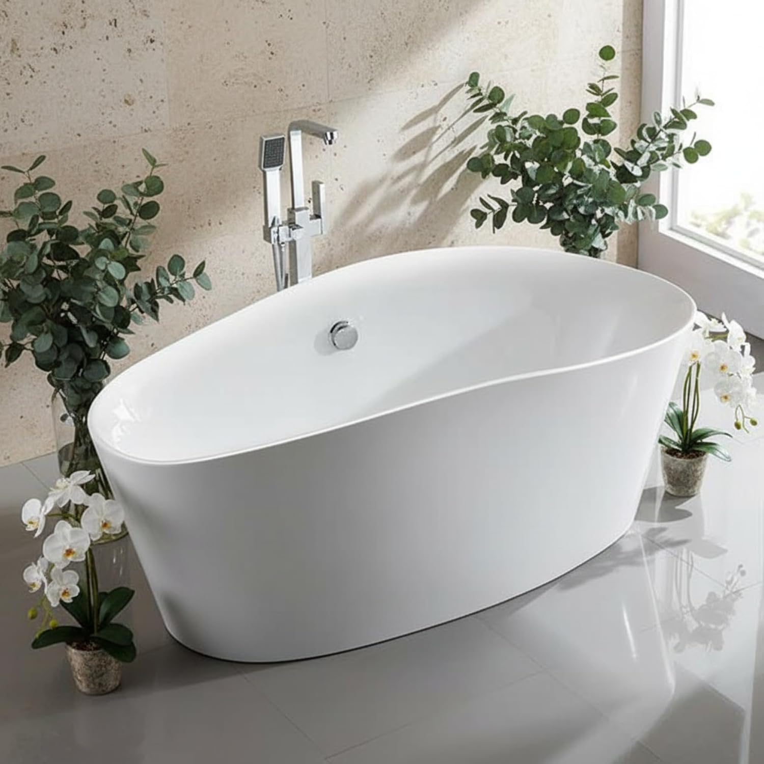 Grasse 67' Freestanding Acrylic Bathtub with Chrome Drain, Glossy White Seamless Soaking Tub, Fiberglass Reinforced with Leveling Legs, 56 Gal Capacity