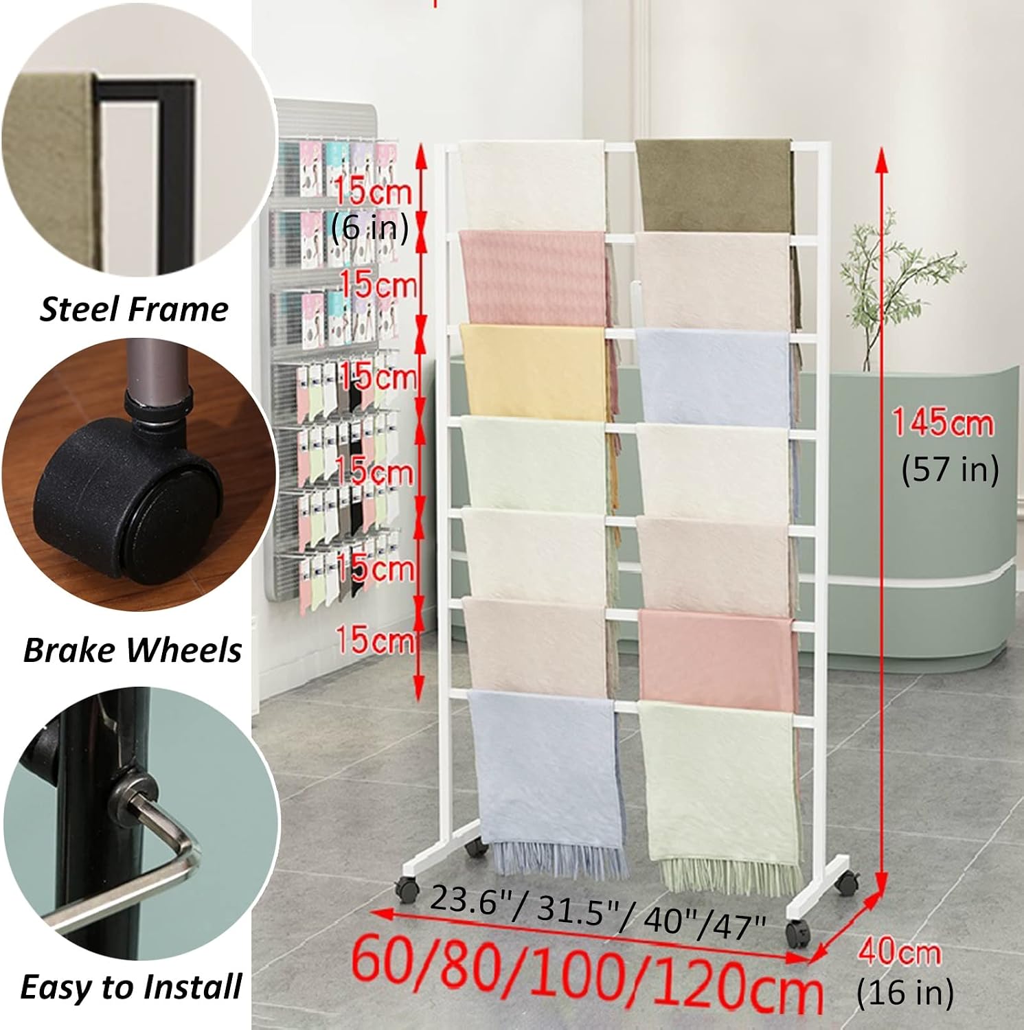 Display Stand Rolling Towel Drying Rack Freestanding Outdoor Thin Scarf Display Holder with Wheels, Metal Heavy Duty Shawls Organizer Shelf (White-60x40x145cm