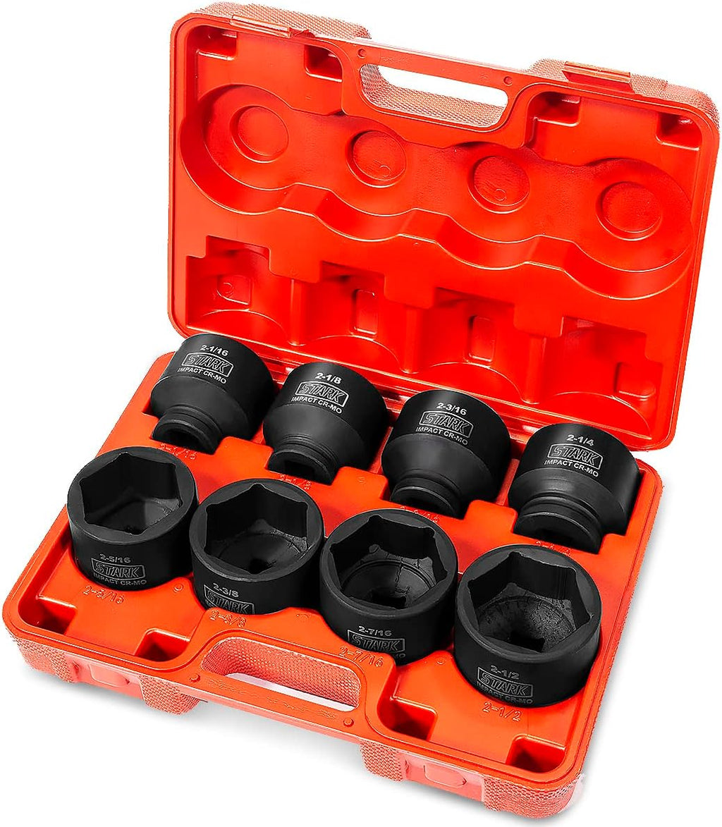 Stark USA Premium 3/4' inch Drive Large Jumbo Shallow Impact Socket Set SAE (2-1/16' - 2-1/2') Cr-Mo Steel 6-Point, 8-Piece Socket Set With Case